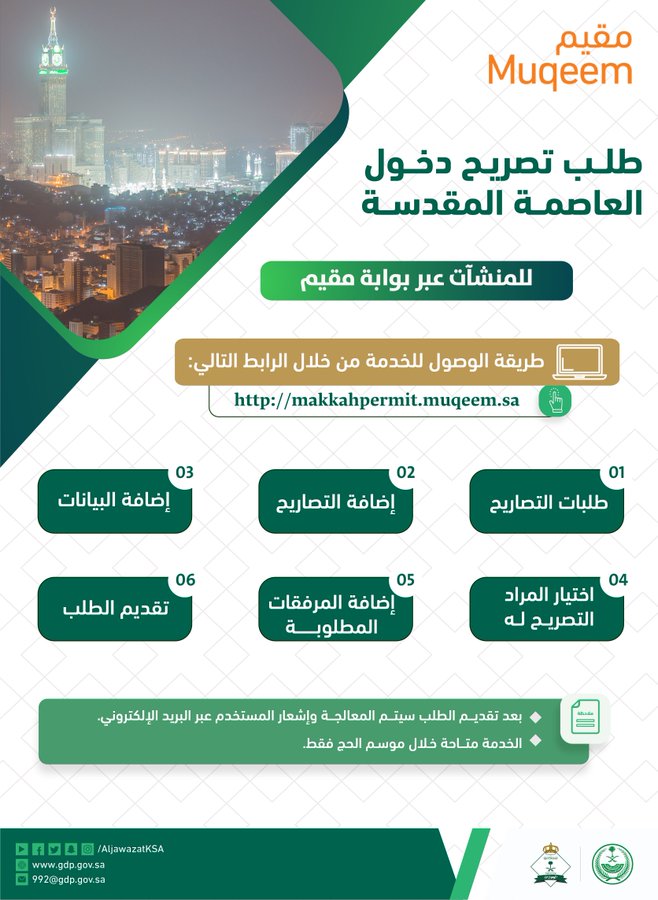 طلب تصريح دخول العاصمة المقدسة للمنشآت عبر بوابة مقيم