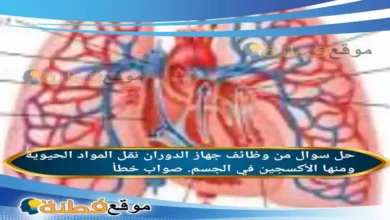 من وظائف جهاز الدوران نقل المواد الحيوية ومنها الأكسجين في الجسم. صواب خطأ