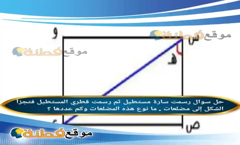 رسمت سارة مستطيل ثم رسمت قطري المستطيل فتجزأ الشكل إلى مضلعات . ما نوع هذه المضلعات وكم عددها ؟