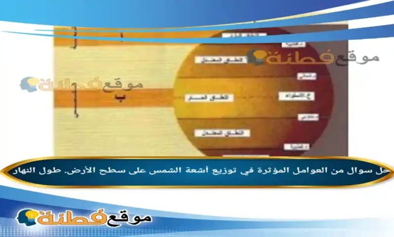 من العوامل المؤثرة في توزيع أشعة الشمس على سطح الأرض. طول النهار .