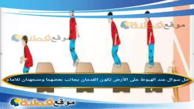 عند الهبوط على الأرض تكون القدمان بجانب بعضهما ومتجهتان للأمام