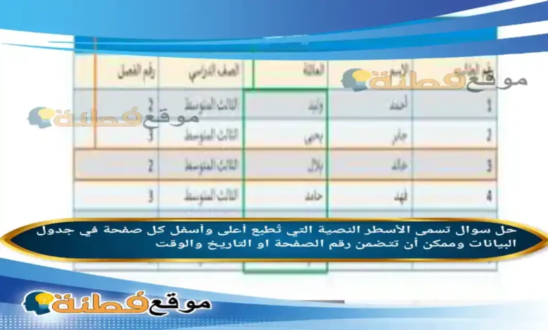 تسمى الأسطر النصية التي تُطبع أعلى وأسفل كل صفحة في جدول البيانات وممكن أن تتضمن رقم الصفحة او التاريخ والوقت
